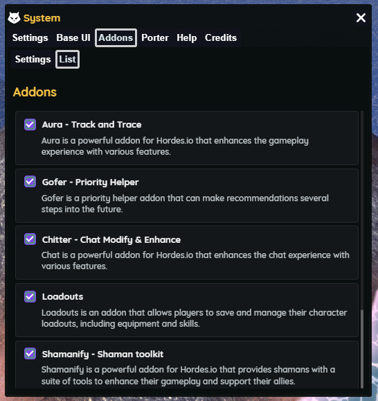 Addon list showing individually toggleable addons
