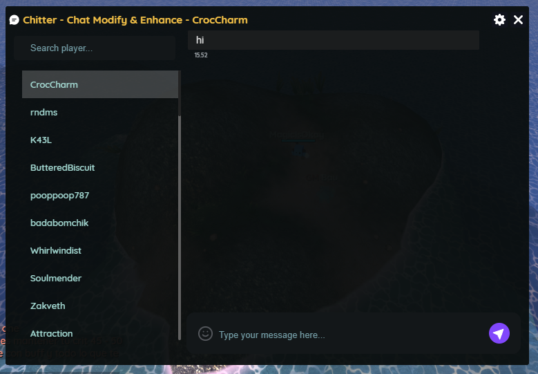 Chitter whisper chat panel with player list