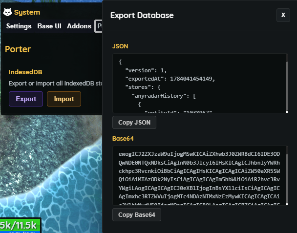 Porter panel for exporting and importing local backup data