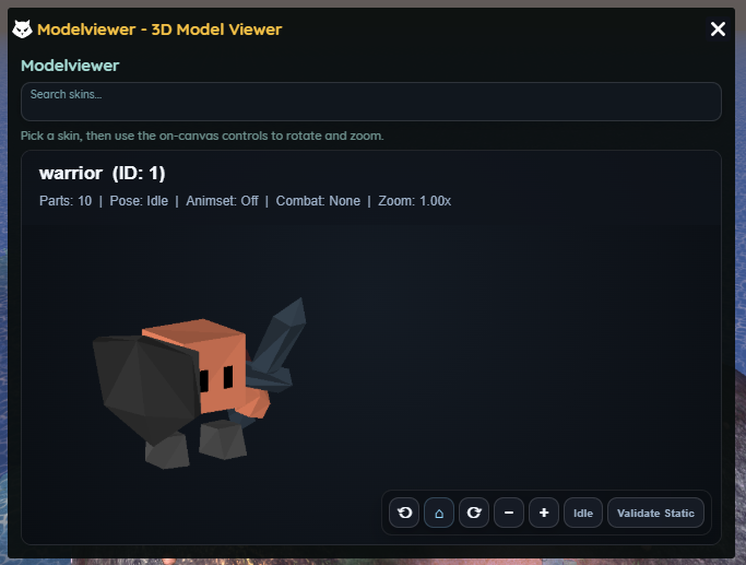 3D model viewer showing a rotatable warrior skin