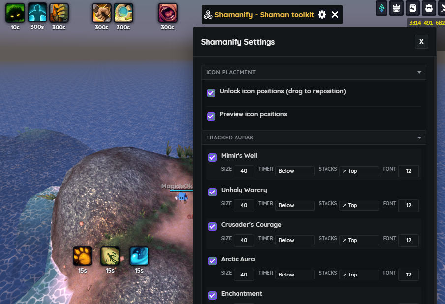 Shamanify settings panel with tracked auras and icon layout